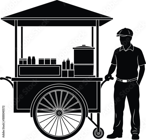 Street food cart silhouette with vendor beside traditional push stall, mobile food stand design, black vector illustration for street market, local business and outdoor food concepts