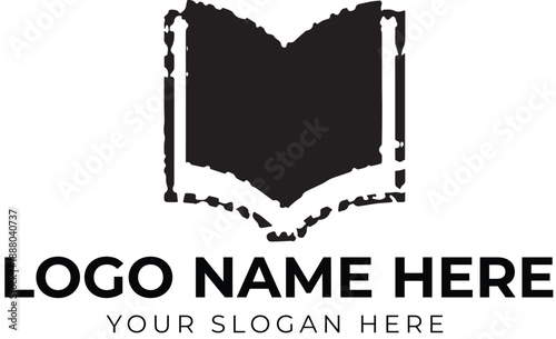 Black silhouette open book logo vector with dashed pages for educational, literary, or publishing branding