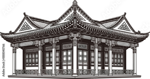 Traditional Asian temple architecture illustration with intricate roof details, symmetrical wooden pavilion 