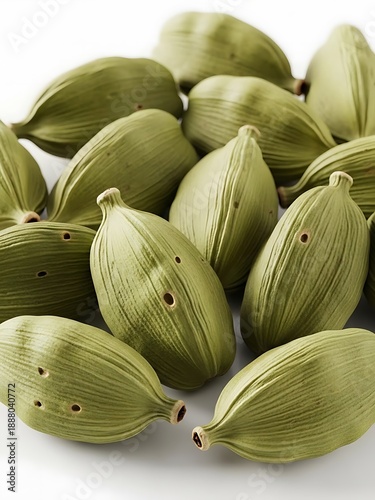 Aromatic green cardamom pods, close-up on the table against white surface