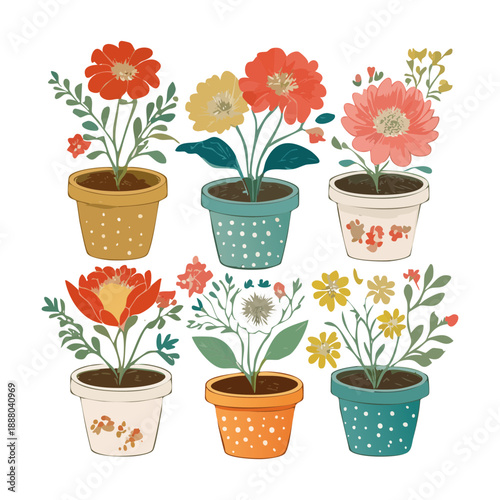 Set of orange gerbera and garden flowers in blue ceramic pots for vibrant patio and terrace plant collection