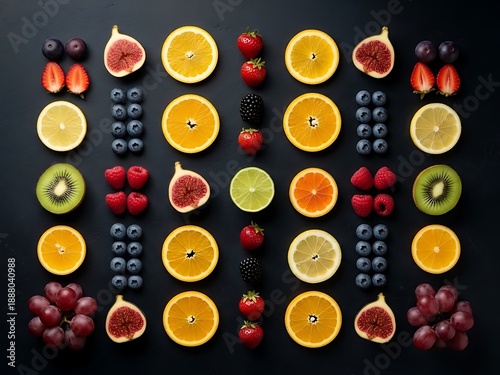 Arrangement of Various Fresh Fruits Sliced on a Symmetrical Dark Surface