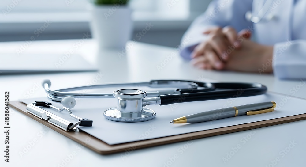 Fototapeta premium Doctor's desk with stethoscope, pen, and clipboard ready for patient consultation