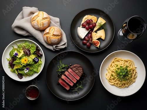 Artful arrangement of gourmet plates on a sleek black surface, elegance