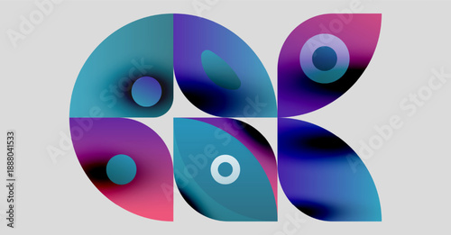 Abstract colorful shapes overlap, creating dynamic composition. Gradients blend blues, purples, pinks. Modern design element.