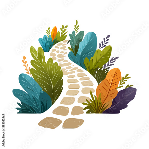 Grey stone garden walkway winding through colorful tropical flowers and exotic green leaves for Plant