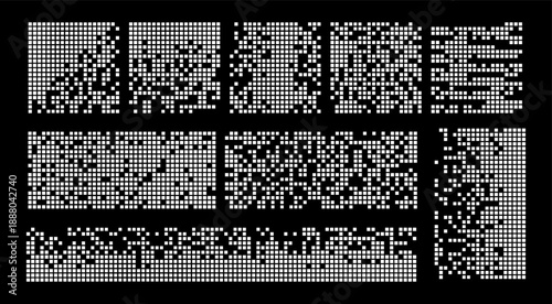 Abstract pixel disintegration shape with fading square dots. Digital decay effect forming mosaic texture for modern tech, art and concept design