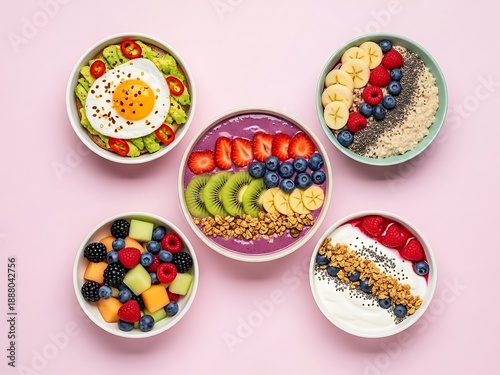 Colorful assortment of fruit bowls with diverse toppings on pink surface