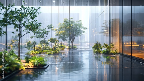Modern office interior with lush green plants and trees on a wet floor reflecting the bright natural light pouring through large glass windows creating a serene and tranquil
