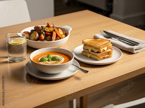 Comforting lunch scene with tomato soup, grilled cheese and roasted veggies