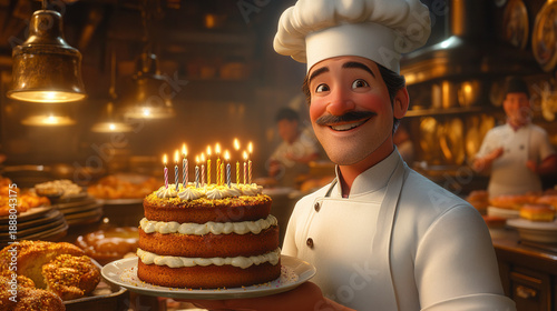 Animated male chef proudly holding birthday cake with candles in stylized kitchen filled with flames. 3d Dynamic and humorous illustration.