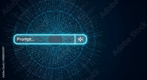 Futuristic glowing blue prompt search bar with digital network data visualization on a dark background, representing AI and technology.