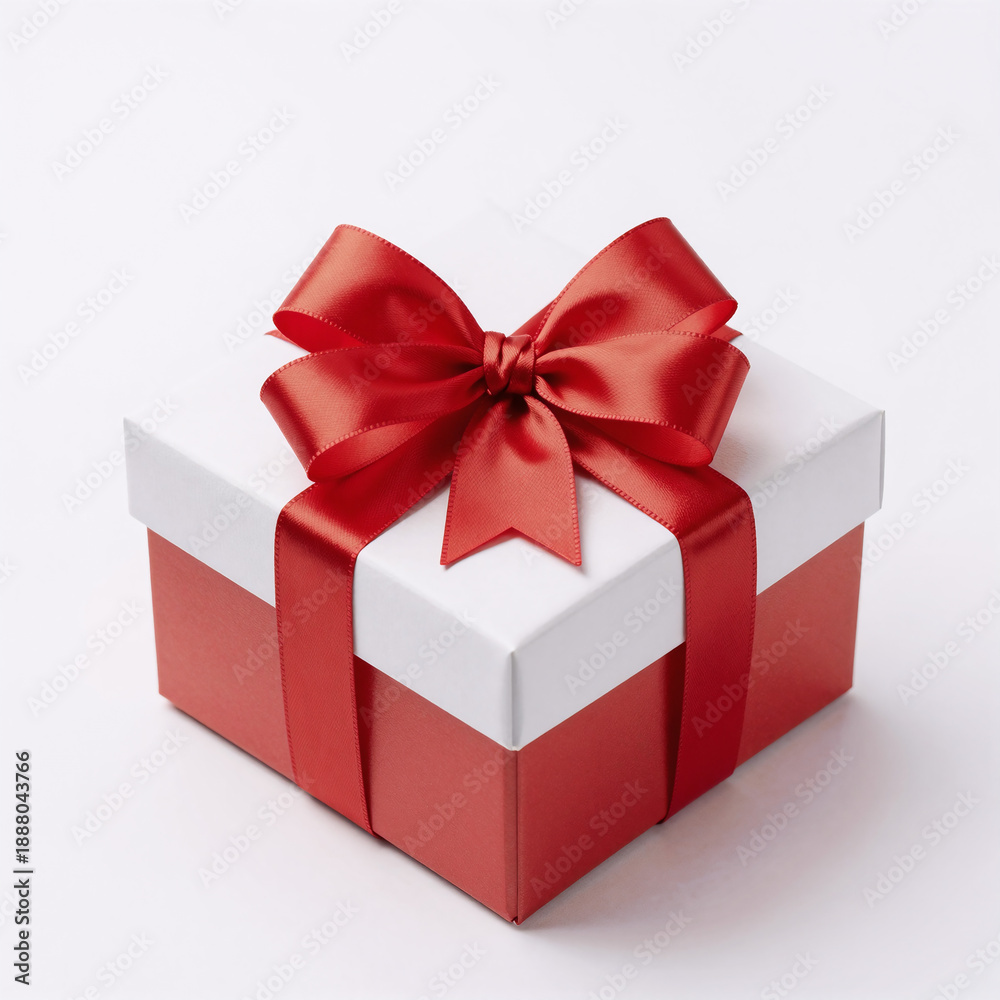 Obraz premium A red-ribboned Christmas gift box, top view, isolated on a white background