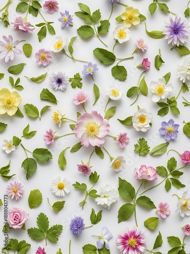 Delicate floral arrangement of assorted colorful blooms with foliage pattern
