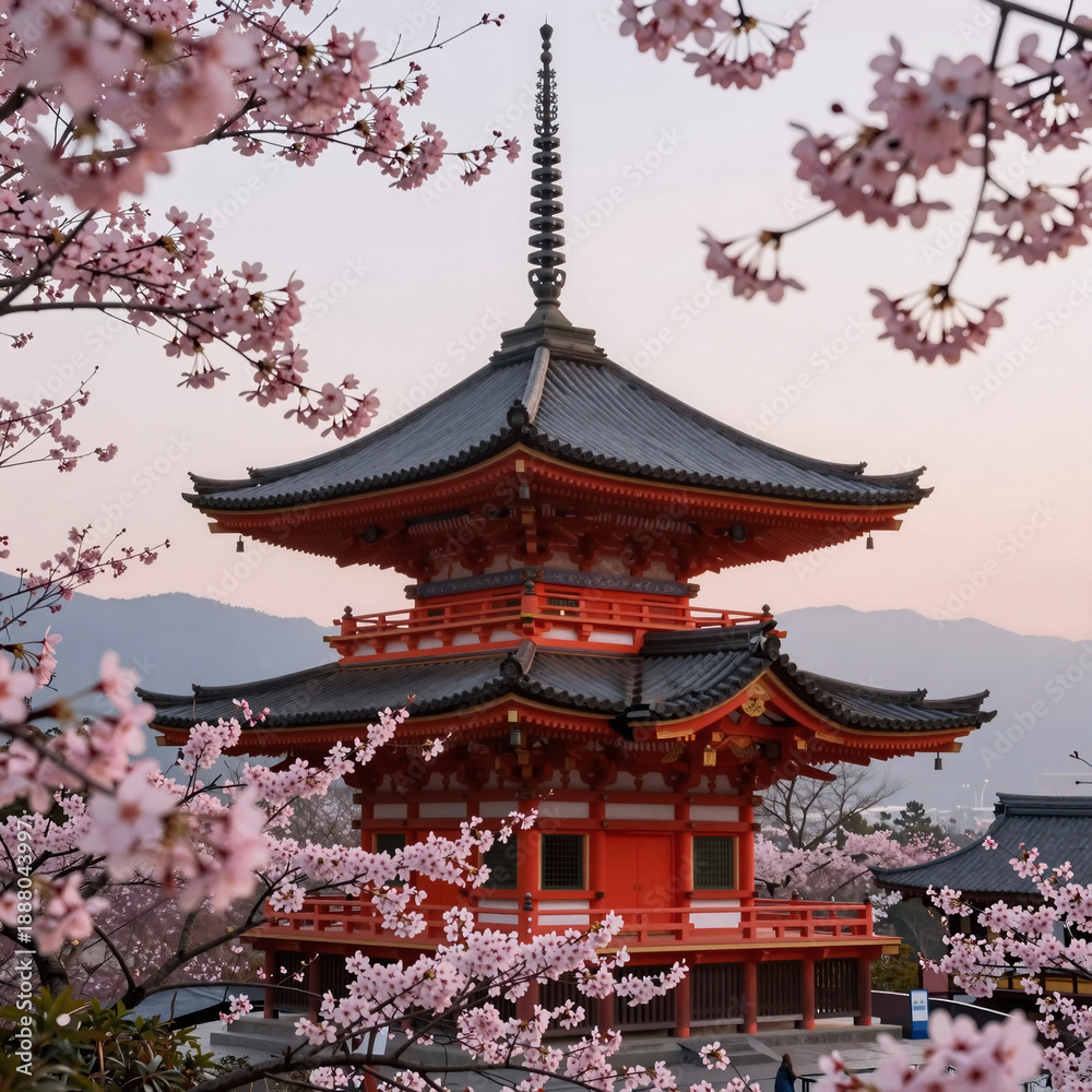 Naklejka premium At sunrise, a serene and tranquil spring scene unfolds featuring a red traditional temple framed by abundant pink cherry blossoms with distant misty mountains