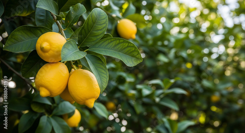 A photograph showcases a cluster of ripe lemons hanging from a tree branch, positioned slightly left of the image center