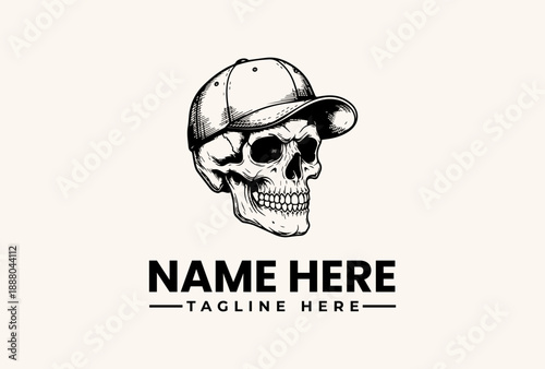 Black and white illustration of a skull wearing a baseball cap with placeholder text for a logo or name tag on a plain background.