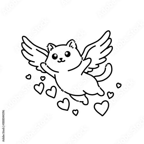 Flying winged kitten surrounded by hearts, line art illustration symbolizing love, freedom, happiness, and fantasy, perfect for playful romantic themed designs.