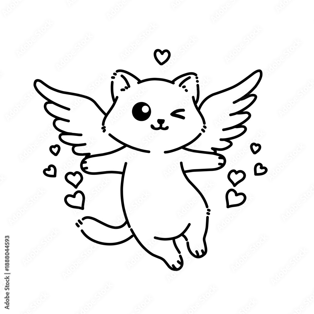 Obraz premium Cute winged kitten with hearts, line art illustration symbolizing love, joy, and angelic charm, perfect for valentine, romance, and playful character designs.