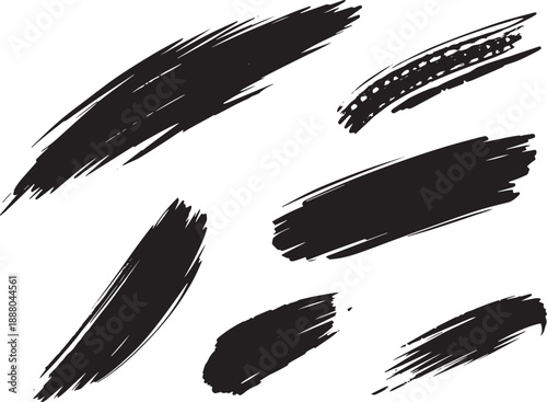 Brush set. Vector black paint brush spots, highlighter lines or felt-tip pen marker. Ink smudge abstract shape stains and smear set with texture