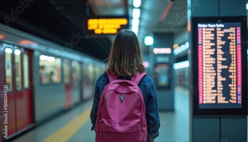 Girl with pink backpack checks train schedule display at station platform. Young traveler waits for public transport by subway line. Commuter checks timetable for departure.