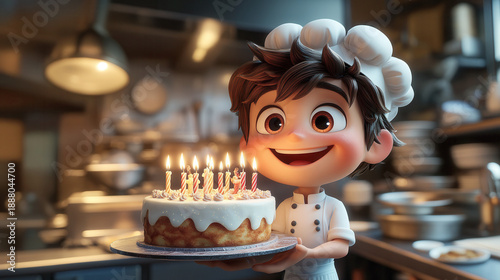 Animated male chef proudly holding birthday cake with candles in stylized kitchen filled with flames. 3d Dynamic and humorous illustration.