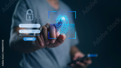 Man using smartphone with fingerprint scanner for biometric authentication. Cyber security concept with login interface and padlock icon. Digital identity verification and access control technology.