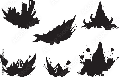 Brush set. Vector black paint brush spots, highlighter lines or felt-tip pen marker. Ink smudge abstract shape stains and smear set with texture