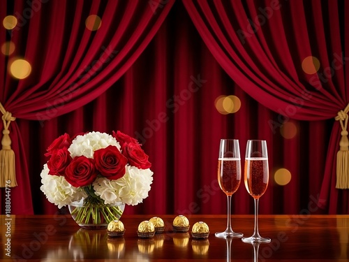 Elegant Celebration with Sparkling Champagne, Roses and Chocolate Treats