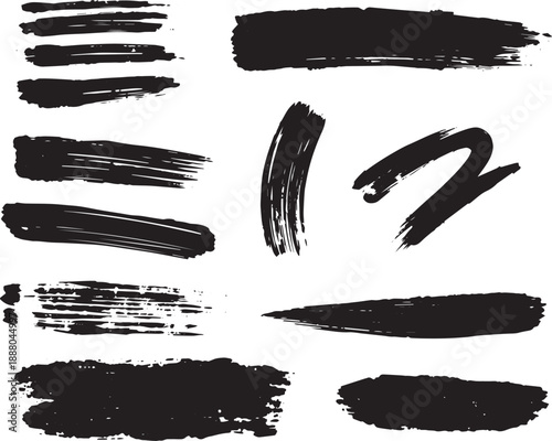 Brush set. Vector black paint brush spots, highlighter lines or felt-tip pen marker. Ink smudge abstract shape stains and smear set with texture