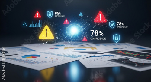 A futuristic digital dashboard displaying various warning signs and charts on a dark background with a collection of papers