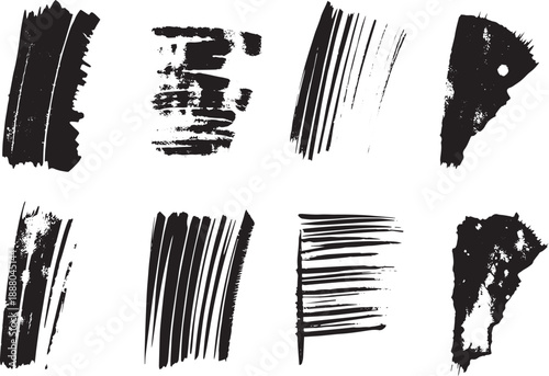 Brush set. Vector black paint brush spots, highlighter lines or felt-tip pen marker. Ink smudge abstract shape stains and smear set with texture