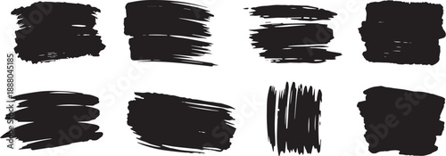 Brush set. Vector black paint brush spots, highlighter lines or felt-tip pen marker. Ink smudge abstract shape stains and smear set with texture
