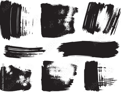 Brush set. Vector black paint brush spots, highlighter lines or felt-tip pen marker. Ink smudge abstract shape stains and smear set with texture