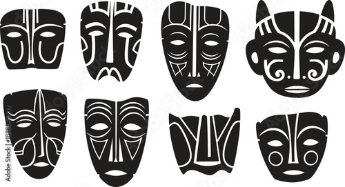 Collection of seven unique african tribal masks with intricate designs
