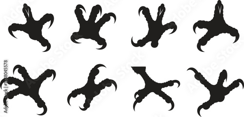 Collection of eight unique black claw or talon silhouettes on a white background