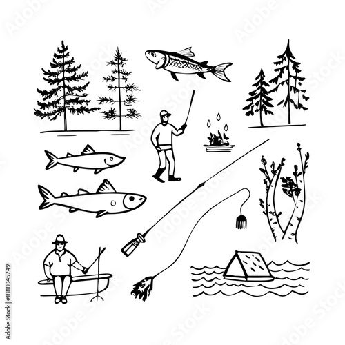 Fishing elements illustration: people, fish, trees, tent, and campfire