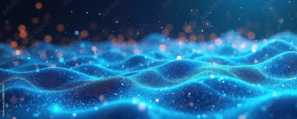 Obraz premium Abstract glowing blue waves composed of tiny particles flow across dark background with bokeh lights. Digital science, cyber tech visuals represent network data, internet connections in futuristic