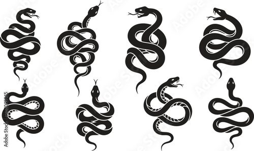 A collection of six black snake illustrations in various poses