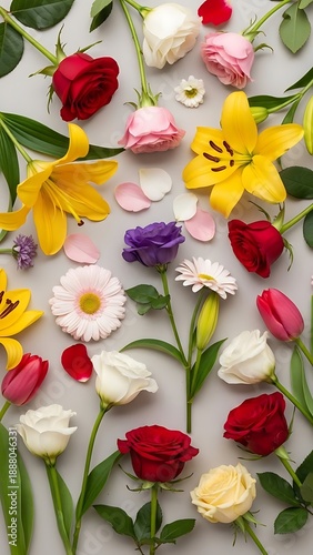 Floral Arrangement featuring Roses, Lilies and Tulips on Grey Background