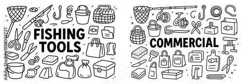 Fishing and commercial tools line art collection