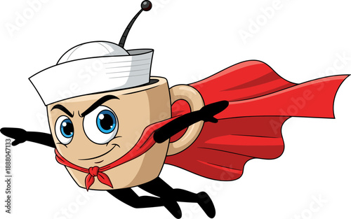Cartoon coffee cup character, superhero style, sailor hat, flying pose, expressive face, fun mascot, creative beverage illustration, isolated on white background