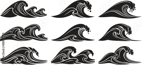 Collection of nine unique wave designs in black and white