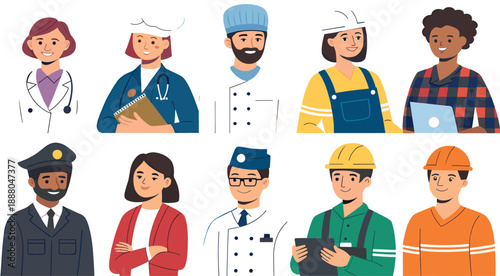 Diverse Professional Characters in Occupational Attire Including Medical, Culinary, Construction, Tech, Business, Aviation, and Engineering Roles