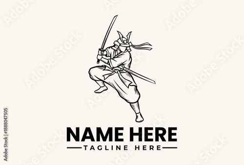 A dynamic illustration of a samurai in a fighting stance with swords, logo and tagline space on a clean background.