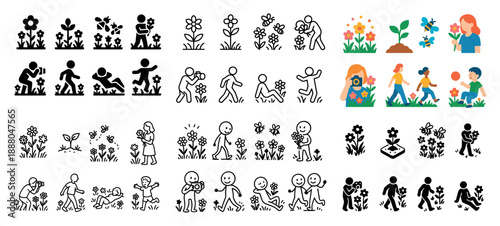 Floral gardening kids icons collection