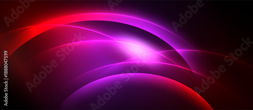 Abstract vibrant design features curved lines, glowing light, dark background. Colors blend from red to purple creating dynamic effect.