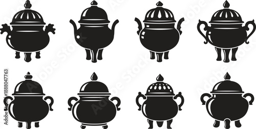 Eight black silhouettes of ornate teapots with lids and handles