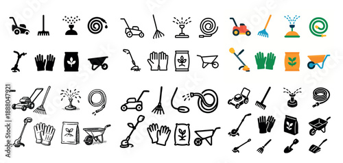 Garden tools and equipment icons set