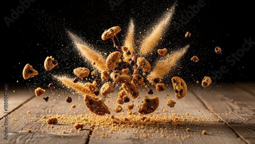 Exploding granulated sugar on wooden surface